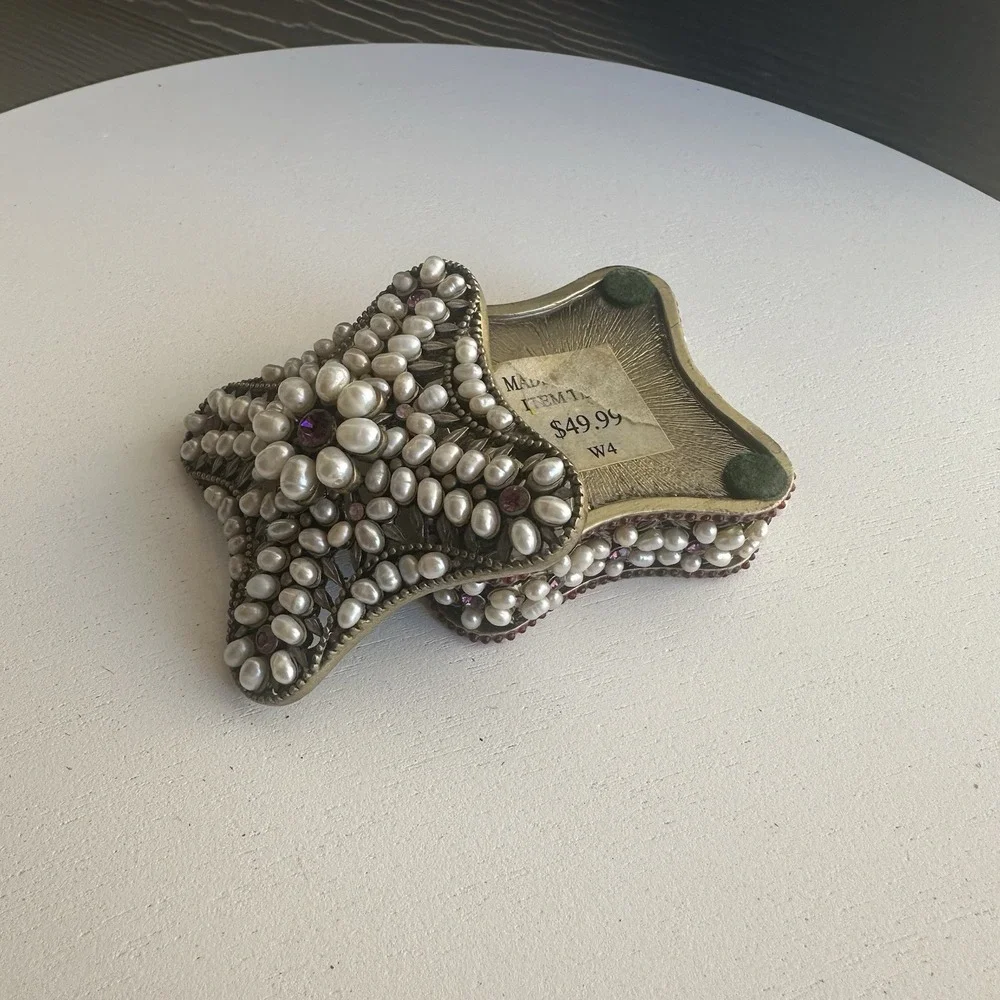 Vintage Pearl‎ & Rhinestone Encrusted Metal Trinket Box 2.5